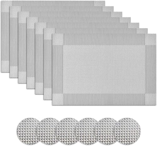 Image of Table Mats and Coasters Set of 6, Place Mats for Table Protection with 6 Coasters, Heat Resistant PVC, Grey, 45x30cm