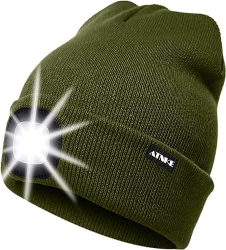 Image of ATNKE LED Lighted Beanie Cap,USB Rechargeable Running Hat Ultra Bright 4 LED Waterproof Light Winter Warm Gifts for Men and Women/ArmyGreen