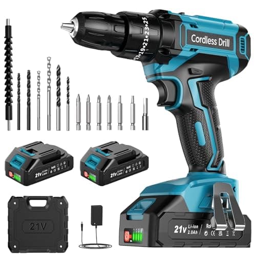 Image of Cordless Drill Set 21V, Cordless Hammer Drill with 2 Batteries 2000mAh, 25+3 Torque, 42N.m Max ElectricDrill, 14 PCS DrillBits, 2 Speed, LED Light for Home and Garden DIY Project