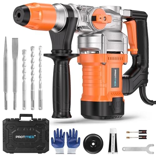 Image of Protmex Hammer Drill - 1500W SDS Plus Heavy Duty Rotary Hammer Drills | 3 in 1 Function (Drill/Hammer/Chisel) 1-1/4" Concrete Drills with 5pcs Bits for Brick Walls, Concrete, Construction