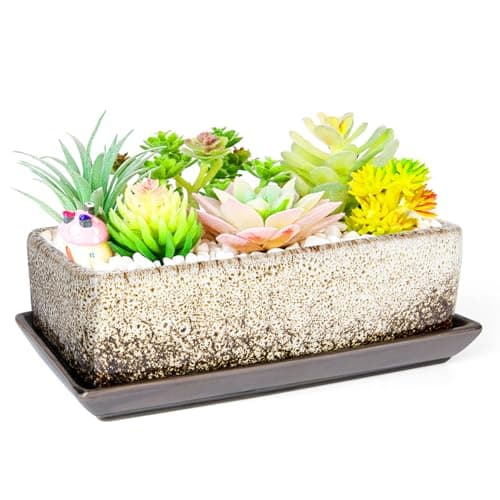 Image of ARTKETTY Succulent Pots - Long Rectangle Succulent Planters with Drainage Tray, Window Sill Planter, Ceramic Pots for Indoor Cactus Plants Shallow Bonsai Window Box for Home Garden Decor