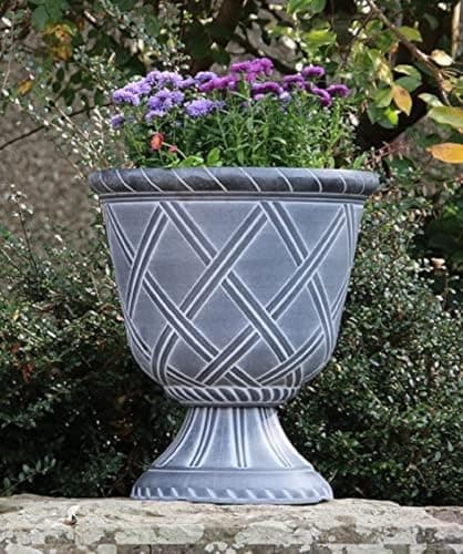 Image of SG Traders Large Urn Plant Pot Stand, Outdoor Garden Planters, Flower Pots Indoor, Tall Planter with Drainage Holes Strong Plastic Black with White Plant pots Outdoor Large Planters Urns D43 x H49cm
