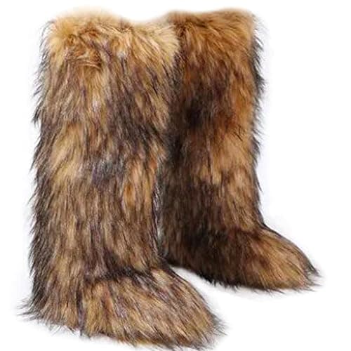 Image of VALPEAKER Tall Furry Faux Fur Boots for Women,Winter Snow Fluffy Long Boots for Girls,Knee-High Flat（Brown6）