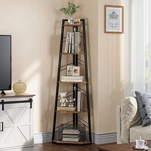 Image of YITAHOME Corner Shelf 5 Tiers, Industrial Bookshelf Modern Floorstanding Corner Bookcase Ladder Shelf Wooden Open Display Shelving Unit for Living Room, Hallway, Home Office, Rustic Brown Book shelf