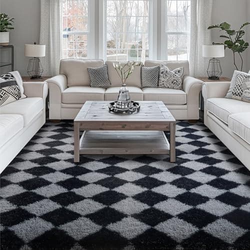 Image of FVVRAX Checkered Rugs for Bedroom, 120x170cm Black and Grey Rugs for Living Room, Non-Slip Backing Modern Geometric Shaggy Floor Carpet, Low Shedding