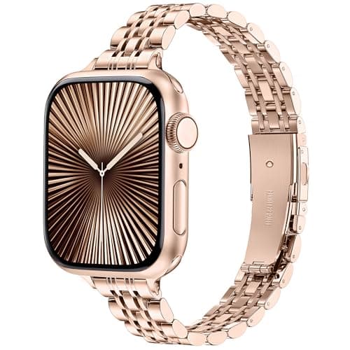 Image of Vamyzji Slim Stainless Steel for Apple Watch Strap 40mm 42mm(Series 11 10) 41mm 38mm, Thin Women ladies Metal Adjustable Chain iWatch Strap for Apple Watch SE Series 11 10 9 8 7 6 5 4 3 2 1, Rose Gold
