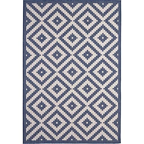 Image of THE RUGS DIAMOND BLUE & WHITE OUTDOOR & INDOOR RUG DURABLE WEATHER-PROOF WASHABLE | GARDEN PATIO GARAGE KITCHEN | SMALL, 80X150 CM