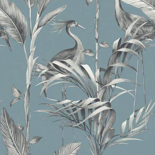 Image of World of Wallpaper Azzurra Palm Leaf Birds Blue 9513 - Tropical Exotic Wallpaper for Walls, Living Room, Lounge, Bedroom, Hallway, Feature Wall