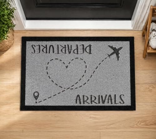 Image of Gifts Unseen Arrivals & Departures Travel Doormat, Grey and Black, Nylon, 70 x 40 cm, Non-Slip Rubber Backing, Machine Washable, Novelty Entrance Mat
