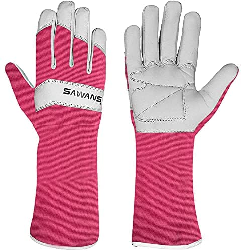 Image of SAWANS Long Gardening Gloves Leather Ladies Men Women Durable Goatskin Garden Gloves Forearm Protection Thorn Proof Gardener Work Spandex Sleeves Rose Pruning Gift (Pink, L)