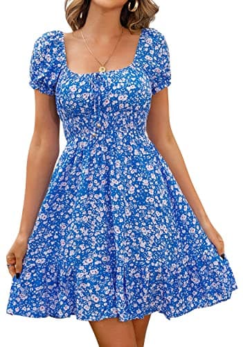 Image of Livonmone Womens Summer Casual Sweetheart Neckline Puff Sleeve Floral Print High Waist Dress Boho Beach Mini Short Dresses (Blue, M)