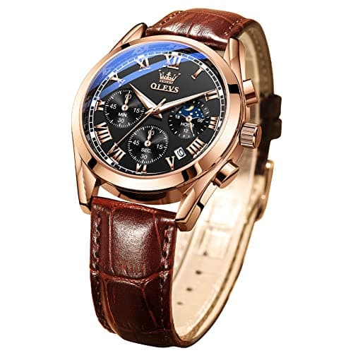 Image of OLEVS Men Watch Leather Strap Moon Phase Casual Classic Analog Quartz Calendar 3ATM Waterproof Luminous Men Wrist Watches