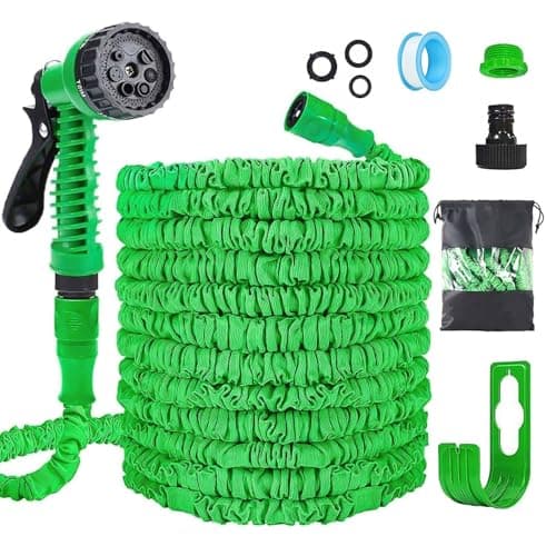 Image of Expandable Garden Hose Pipe 30m/100ft, Heavy Duty Flexible with 7-Function Spray Gun, 3/4" 1/2" Fittings, Double Layer Latex Core Hosepipe, Durable & Anti-Leak Kink Free (Green)