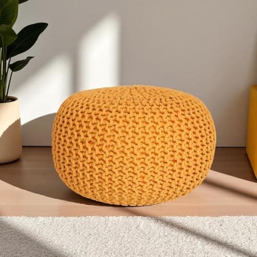 Image of CASVO Handmade Large Knitted Pouffe Ottoman 100% Cotton Chunky Couffes for Living Room Versatile for Foot Rest Extra Seating & Home Decor 50cm Foot Stool (Mustard)