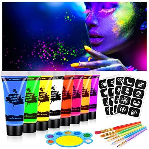 Image of AOOWU Ultraviolet Glow Face Body Paint Set, 8 Colors UV Blacklight Neon Fluorescent Face Paint, Non Toxic Face Painting with Palette Brush, Club Makeup Art Paint Kit for Adults Kids Halloween Party