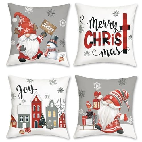 Image of Bonhause Grey Merry Christmas Cushion Covers 45 x 45 cm Joy Gnomes Snowflakes Snowman Decorative Throw Pillow Covers for Sofa Bed Home Winter Holiday Decor Set of 4