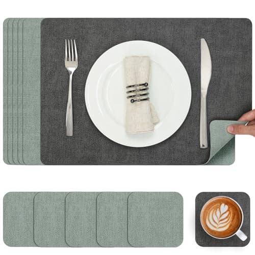 Image of Myir JUN Placemats and Coasters Set of 6, Place Mats Dual Sided Faux Leather Table Mats PU Indoor Outdoor Heat Resistant Placemat Square Non Slip Wipeable Washable Dining Restaurant (Gray Sage Green)