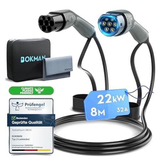 Image of bokman Type 2 EV Charging Cable, Mode 3 / 32A / 22KW / 3 Phase / 8 Meter, Electric Vehicle Car Plug-in Hybrid Type 2 to Type 2 Fast Charging Cable