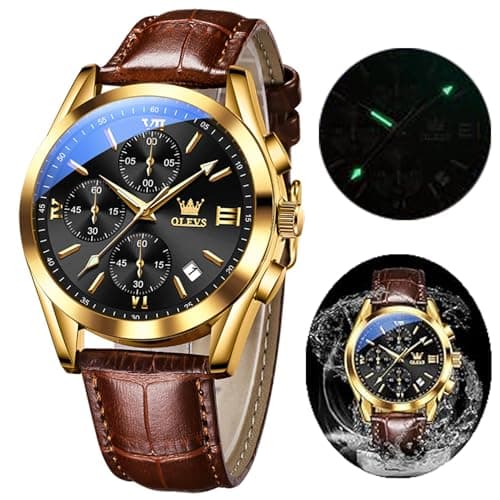 Image of OLEVS Men's Chronograph Quartz Watches, Leather Strap Gold Case with Day Date, Waterproof Stainless Steel Wrist Watch, Luminous Watches for Men, Fashion, Leisure (Leather Strap Black dial)