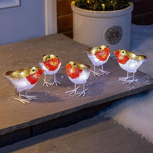 Image of CHRISTOW Light Up Robin Acrylic Christmas Decorations, White LED, Battery Operated with Timer, Indoor Outdoor, Set of 5 (13.8cm x 11cm x 7cm)