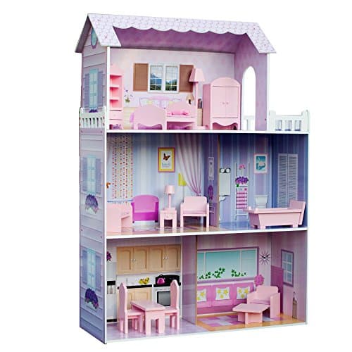 Image of Olivia's Little World Dreamhouse Tiffany 3-Story Wooden Doll House with Balcony and 13-pc. Accessory Set for 12" Dolls, Lavender