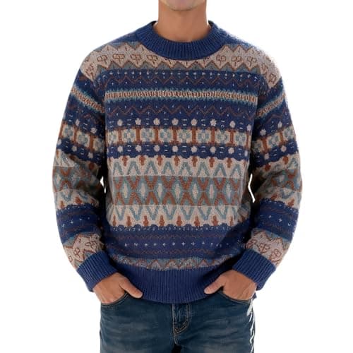 Image of Men's Winter Knitted Jumper Jacquard Wool Jumper Jacquard Sweatshirt Norwegian Pattern Classic Sweater Stand-Up Collar Casual Shirt Thick Chunky Knit Shirt, O Navy, XXL