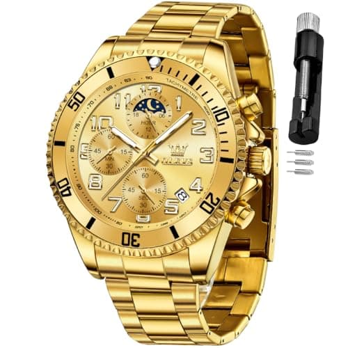 Image of OLEVS Mens Watches Chronograph Luxury Dress Moon Phase Two Tone Stainless Steel Waterproof Luminous Business Calendar Wrist Watch, Gold Watches for Men, Men Watch
