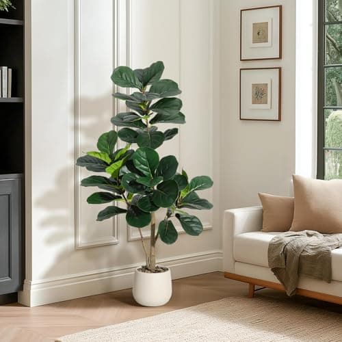 Image of Artificial Fiddle Leaf Fig Tree,152cm Faux Ficus Lyrata with 77 Realistic Leaves,Lifelike Indoor Floor Plant for Home, Living Room, or Office,7.8in White or Black Pot