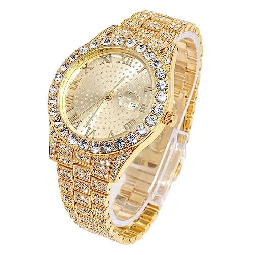 Image of HALUKAKAH Diamonds Gold Watch Iced Out, Men's 18k Real Gold Plated Quartz Wristband 24cm Round Dial, Comes with Gift Box