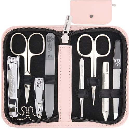 Image of 3 Swords Germany - brand quality 8 piece manicure pedicure grooming kit set in light pink fashion leather case in gift box - Made by 3 Swords