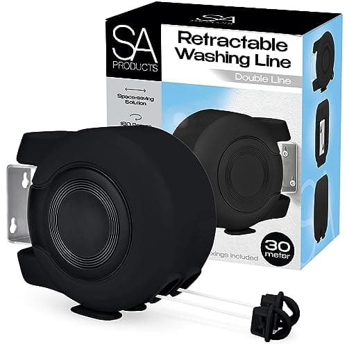 Image of SA Products Wall Mounted Twin Cable Retractable Washing Line - 2x15m Long Clothes Line - 30m Extendable Laundry Drying String Line Heavy-Duty Plastic & Polyvinyl For Indoor & Outdoor Use - All Black