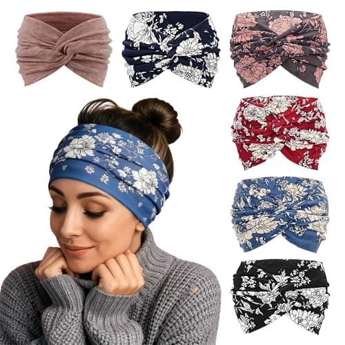 Image of 6Pack Wide Headbands for Women Soft and Breathable Extra Large Turban Headband Boho Head Wrap Elastic Hairbands Hair Twisted Knot Hair Accessories Multicoloured Yoga Sport Hairband for Girls Women