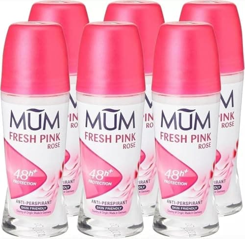 Image of Mum Fresh Pink Rose Perfumed Roll On Deodorant, 48 Hours Plus Protection, Alcohol Free Womens Deodorant, Anti-Perspirant, Vegan, Sustainable Glass Bottle, Rose Fragrance, 50 ml, Pack of 6