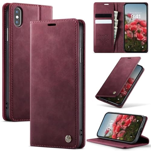 Image of Cracedily Wallet Case for iPhone X Leather Wallet Flip Cover with Card Holder, Kickstand, Magnetic Closure, RFID Blocking TPU Shockproof Phone Case Compatible with iPhone XS, Red