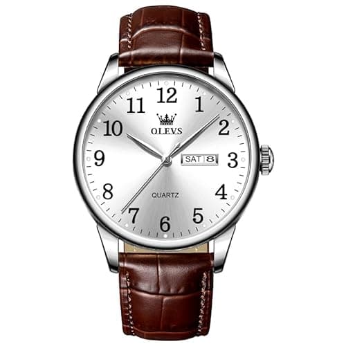 Image of OLEVS Watches for Men Brown Leather Strap Big Face Analog Quartz Watch for Mens Adjustable White Arabic Numerals Dial Dress Mens Watch Minimalist Waterproof with Day Date Men's Wrist Watches