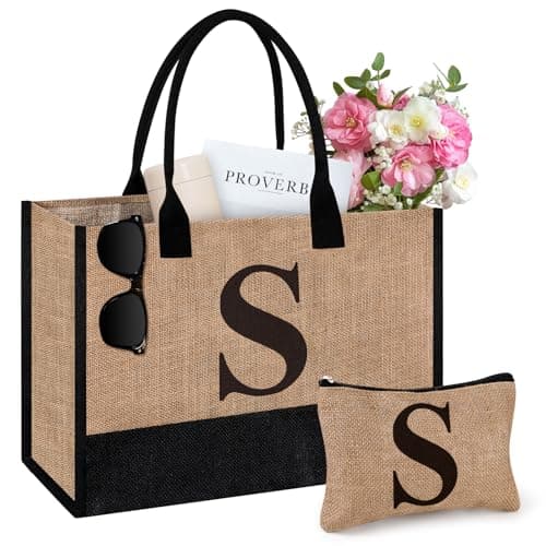 Image of Initial Jute Tote Bag & Makeup Bag, Birthday Gifts for Women Her Mum Teacher, Suitable for Wedding, Beach, Holiday (S)
