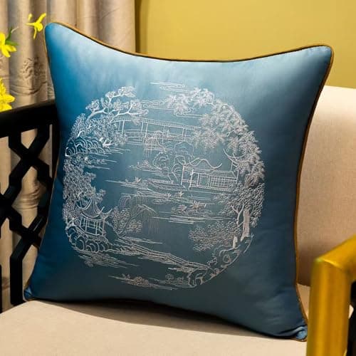 Image of YKMYXZ cushion covers， 2 Pack Satin Pillow Cases Embroidery Cushion Cover,Embroidered GardenThrow(Dark Blue B,40x60cm)