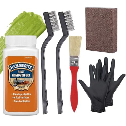 Image of Rust Remover for Metal Complete Repair Kit – Fast Rust Removal with Hammerite Rust Remover Gel 100ml, 2 x Wire Brushes (Nylon Steel Brass), Gloves, Paintbrush & 1x Scrub Pad for Cars, Bikes & Gates