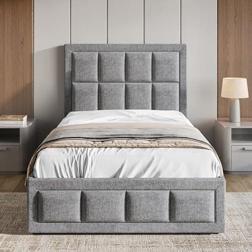 Image of Blisswood Single Bed Frame, 3ft Upholstered Ottoman Bed, UKFR Linen Fabric Ottoman Storage Bed With Gas Lift End Opening Wooden Slats With Storage (3ft Single, 100 x 204 cm, No Mattress)