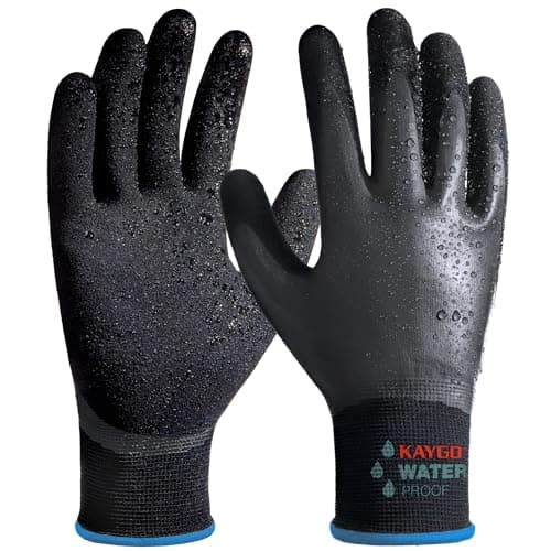 Image of KAYGO Waterproof Work Gloves for Men and Women with Double Latex Coated, Non-Slip Super Grip for Gardening Car Washing Fish Cleaning (Black, M, 1 Pairs)