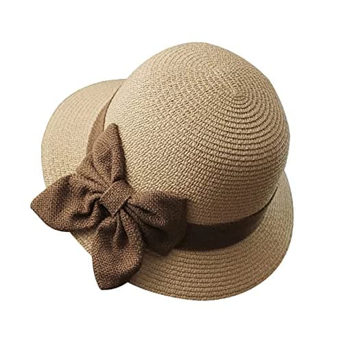 Image of JIHUOO Straw Cloche Hat Summer Bowler Hat Sun Church Hat 1920s Vintage Bucket Hat Foldable Beach Hat with Bow for Women Beige