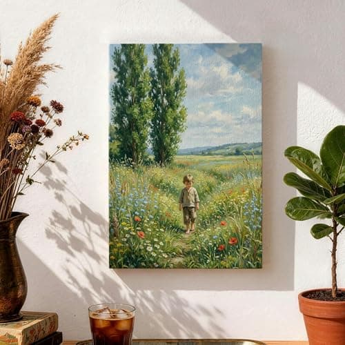 Image of Summer Meadow Landscape Wall Art, Green Blue Nature Canvas Prints, Rustic Home Aesthetic Decor for Living Room, Bedroom, Office, Wrapped Canvas 8x12 Inch