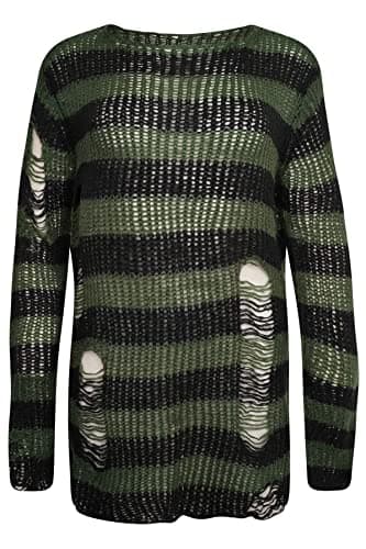 Image of Ro Rox Gothic Knitted Jumper with Distressed Look - Oversized Pullover with Ripped Design, Long Sleeves, Loose Fit, 90s Grunge Style Stripe Pattern, Green, S-M