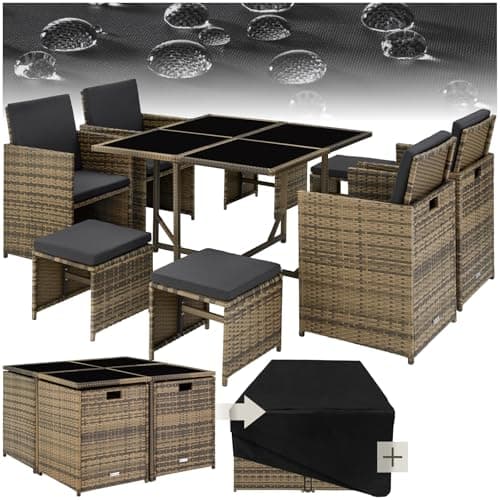 Image of tectake® Polyrattan Garden Furniture Set with Aluminium Base, Including 4 Dining Chairs, 1 Table, 4 Stools, Foldable Garden Lounge Set, For Up To 8 People, Patio Furniture - natural