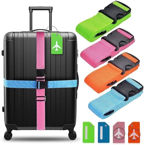 Image of Luggage Straps 4Pack Adjustable Suitcase Belts Travel Packing Belt with Buckle Closure Baggage Security Straps 4 Colors + 4 Luggage Tags
