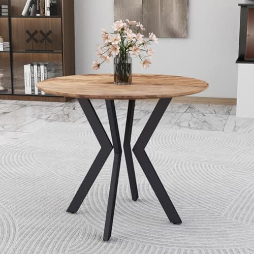 Image of GOLDFAN Round Wooden Dining Table with Black Metal Legs Retro 90cm Circle Kitchen Tables for Dining Room Office and Lounge, Brown