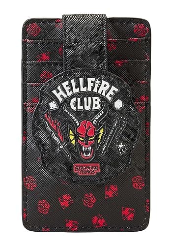 Image of Loungefly Stranger Things Hellfire Club Unisex-Adult Cardholder, Red, Faux Leather, Embossed, 4 Compartments, 4 Card Slots, Slim, Black