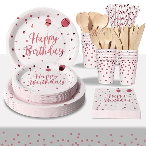 Image of PYAILI Party Paper Plates 193Pcs White Rose Happy Birthday Theme Kids Birthday Decoration Party Accessories Set Includes Paper Plates Napkins Cups Wooden Knive Fork Spoon-24 Guests