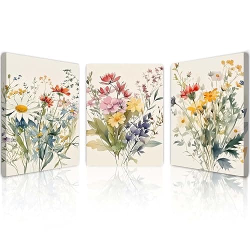 Image of Qiukoo Set of 3 Framed Canvas Wall Art – Floral Canvas Prints with Pre-Installed Hooks Modern Wall Pictures for Living Room Bedroom Hallway or Office, Framed Wall Décor for Home Decoration 12x16 Inch