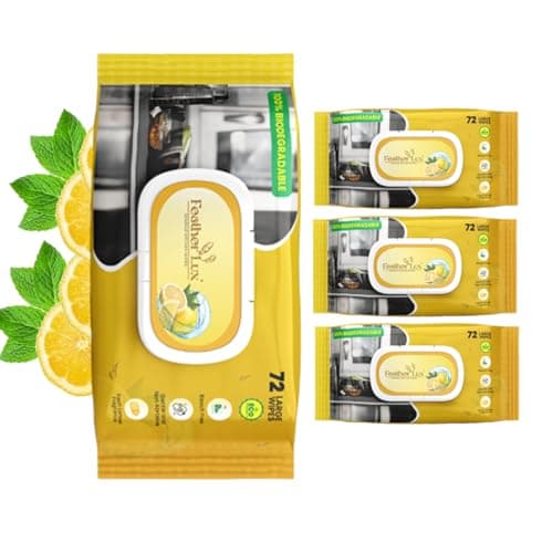 Image of Wipes Premium Kitchen Pack of 4 × 72, Lemon Scent – Extra Strong Biodegradable Disinfectant Wipes Remove Grease Grime & Bacteria with Eco-Friendly Plastic-Free Multi-Surface Cleaning Formula